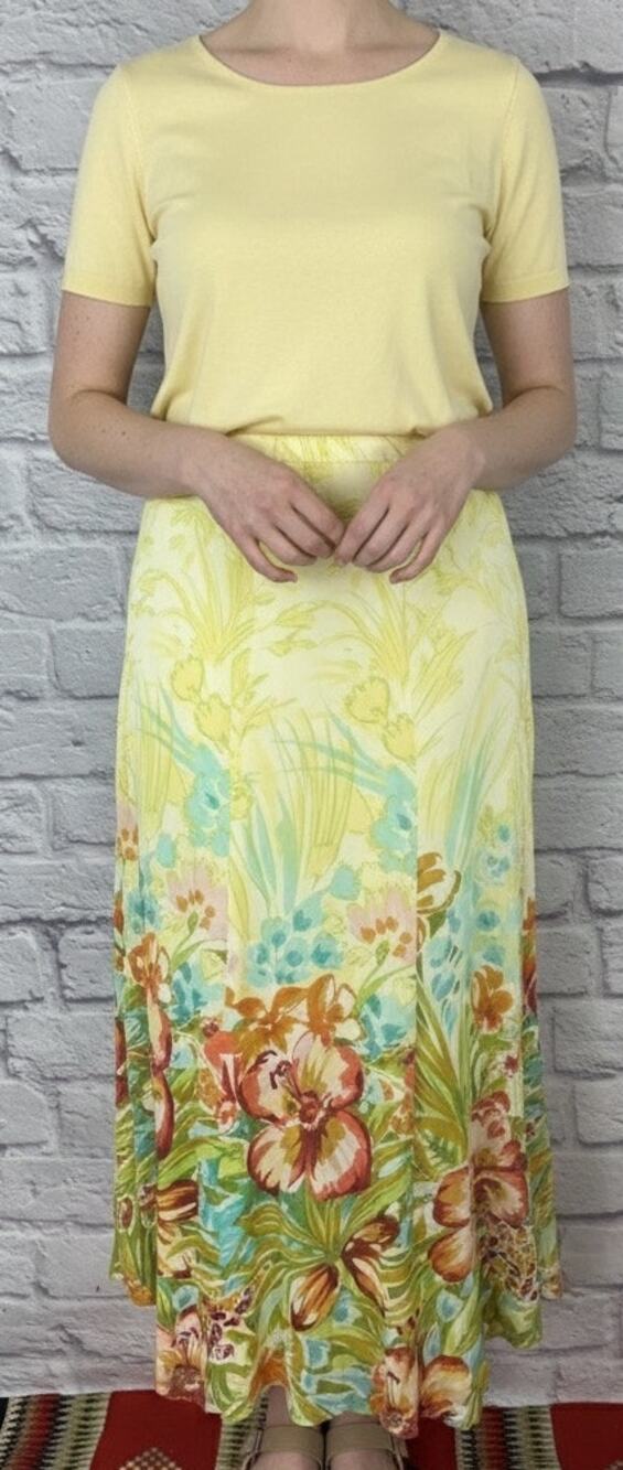 NWT Coldwater Creek Canary Yellow  Maxi Skirt with Vibrant Floral Design
